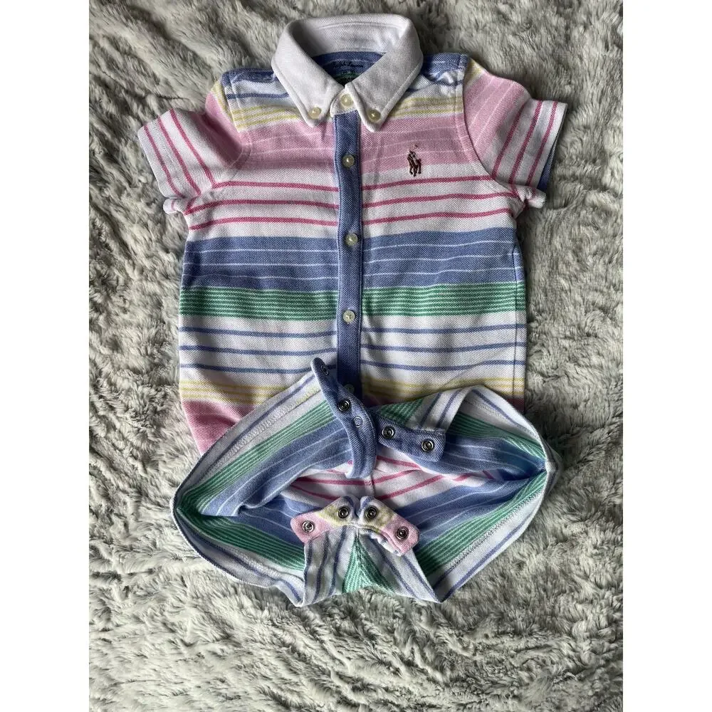 Polo Ralph Lauren Baby Boy 6M Multicolor Stripe Cotton Pique Romper Shortall